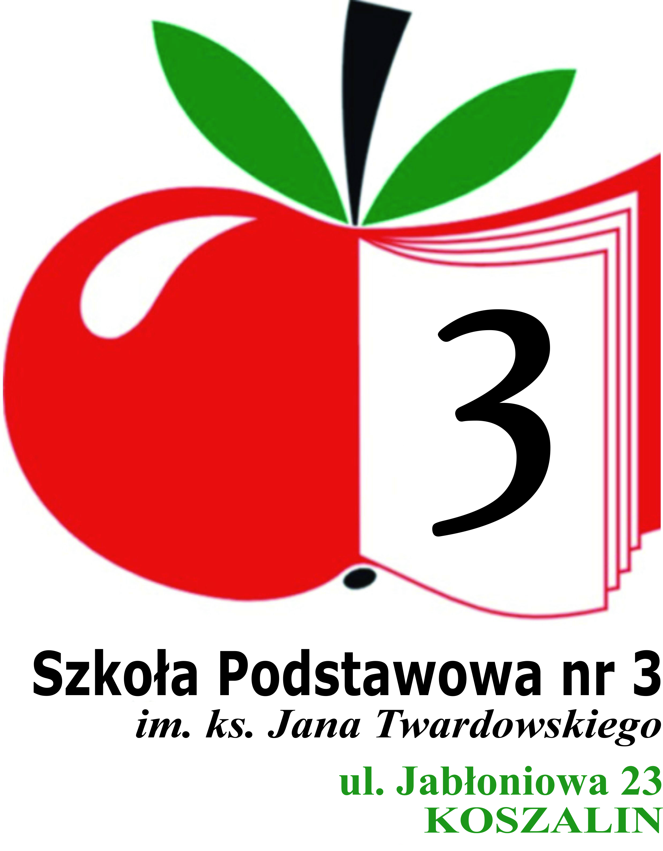 Czerwone jabłko połączone z kształtem książki i numerem szkoły